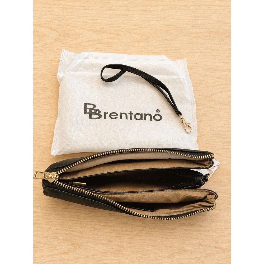 Brentano Black Wristlet Wallet Clutch Double Zip Faux Leather NWT - Picture 2 of 2